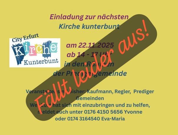 Mehr über den Artikel erfahren Kirche Kunterbunt 22.11. fällt erstmal aus